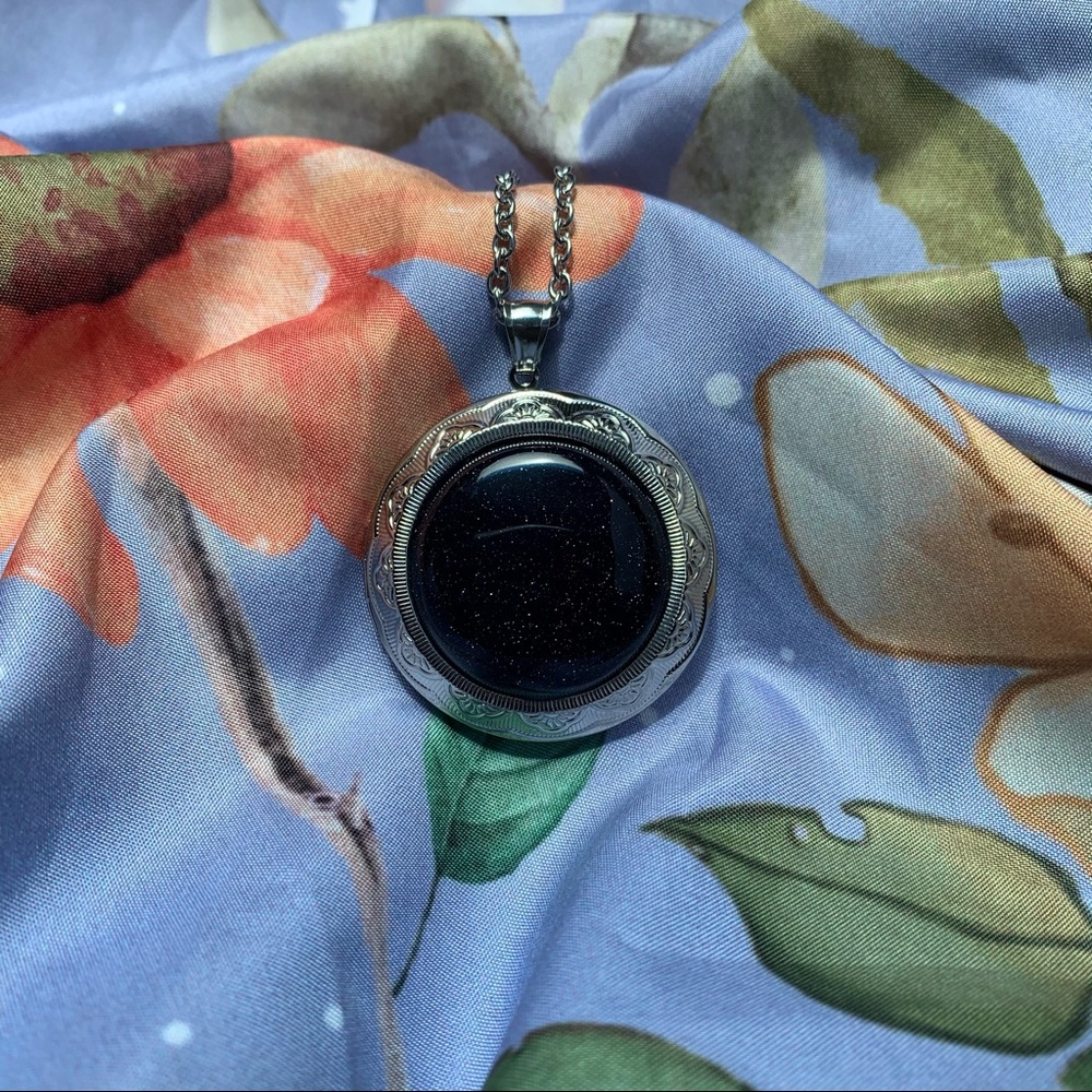 Blue goldstone crystal locket necklace